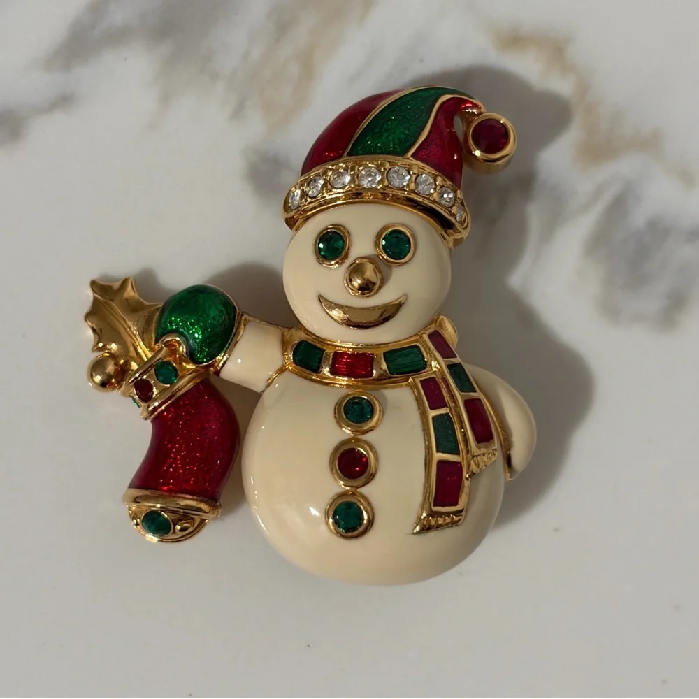 Swarovski Crystal SWAN STAMP Enamel Festive Snowman Brooch Pin RARE/RETIRED
